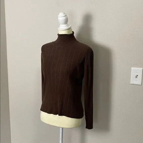 Louben 100% Silk Classic Ribbed Turtleneck Sweater Brown Women's Size M - Picture 3 of 10